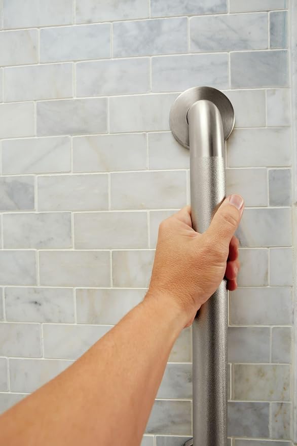 Moen Home Care Bathroom Safety 24 Inch Stainless Steel Handicap Grab Bar for Bathtub and Shower, Slip Resistant Peened Texture, Elderly Assistance Product, Polished Brass, R8724P (Pack of 2)