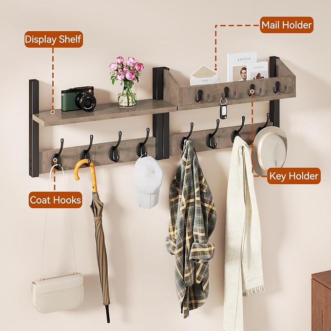 YMYNY 31.5" Coat Rack Wall Mount with Shelf, 4 in 1 Key and Coat Hanger with 12 Metal Hooks, Wall Shelf with Hooks & Mail Holder for Living Room, Bedroom, Silver Gray, HWS007Y-2