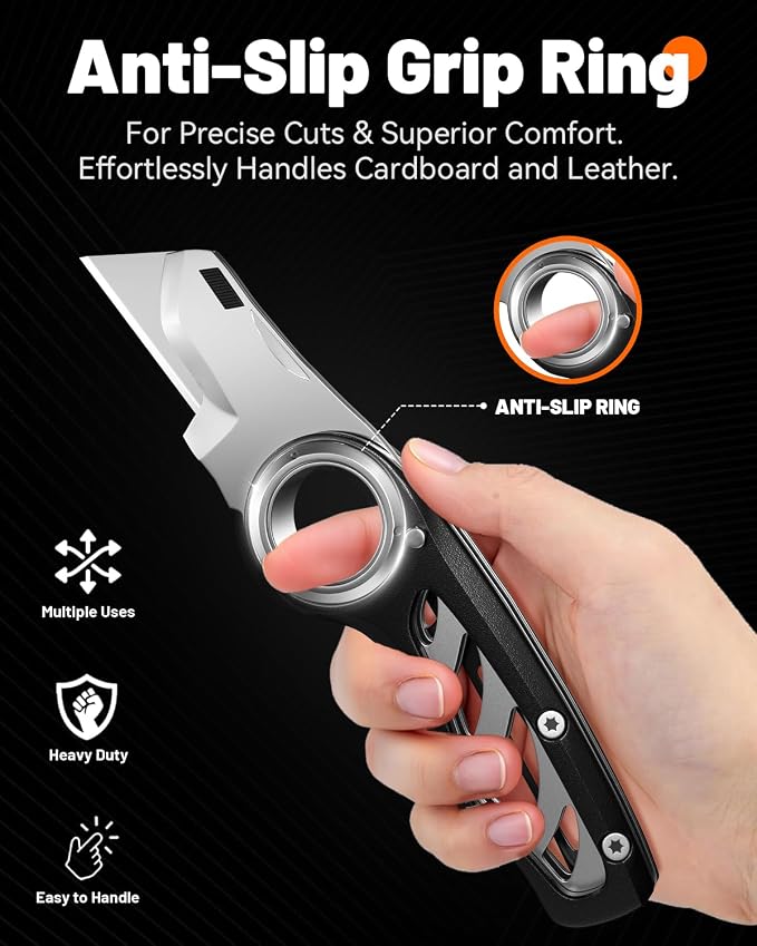 Folding Utility Knife Pocket Knife, Heavy-Duty Box Cutter with Anti Slip Finger Loop, Quick Change Blade Razor Knife, Box Cutters for Home, Office, Warehouse, Durable Razor Knife, Box Knife (Black)