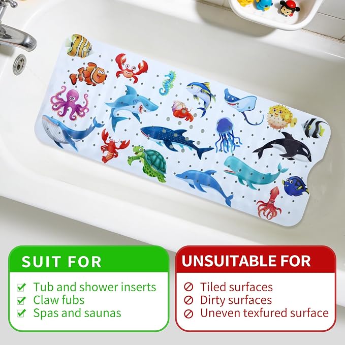 Baby Bath Mat for Tub Non Slip Kids Bathtub Mat Extra Long 40X16 Inch Toddler Bath Tub Shower Mat Anti Slip with Suction Cups & Drain Holes, Machine Washable (Ocean Animals)