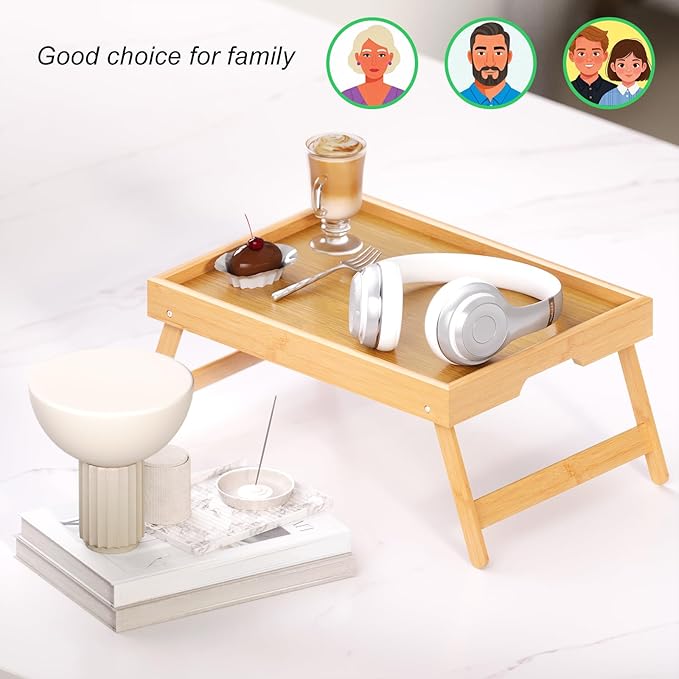Fibogollo 4 Pack Bamboo Bed Tray Table with Folding Legs,Breakfast Trays,Serving Tray for Food and Snack,Laptop Trays for Working(Natural)