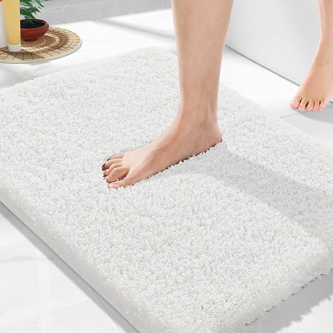 Yimobra Bathroom Rugs Non Slip Washable, Ultra Soft and Water Absorbent Bath Mats, Plush Fluffy Shower Mat Outside, Microfiber Thick Matts for Bathroom Floor/Sink, 24X17, Off White
