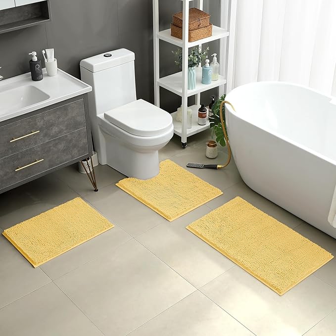 HOMEIDEAS 3 Pieces Bathroom Rugs, Ultra Soft Non Slip Absorbent Chenille Toilet Bath Mat Set (Yellow)