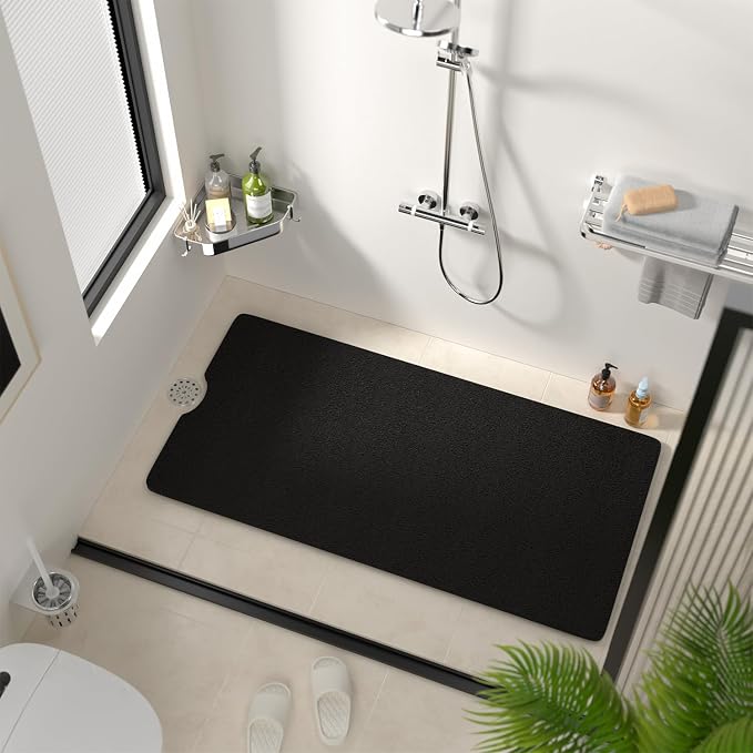 HITSLAM Non Slip Bathtub Mat 40 x 20 Inch, Extra Long Bath Mat for Tub, Soft PVC Loofah Shower Floor Mat with Drain, Quick Drying Bathroom Tub Mat for Wet Area, Without Suction Cup, Black