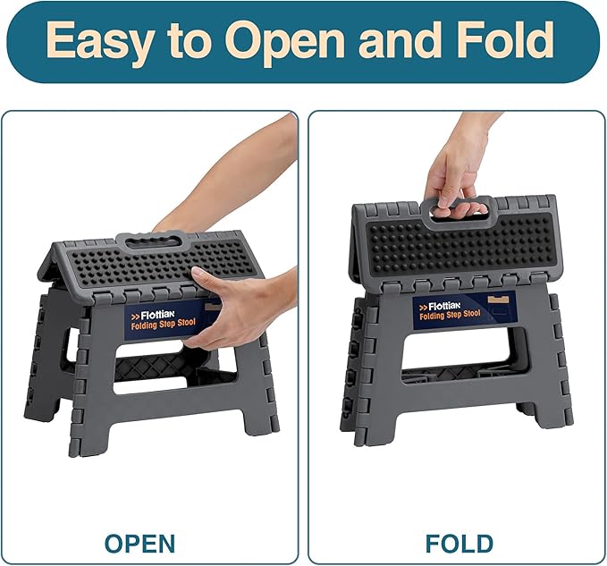 Flottian 9" Folding Step Stool for Adults and Kids Holds Up to 300 lbs,Non-Slip Folding Stools with Portable Handle, Compact Plastic Foldable Step Stool for Bathroom,Bedroom, Kitchen Gray