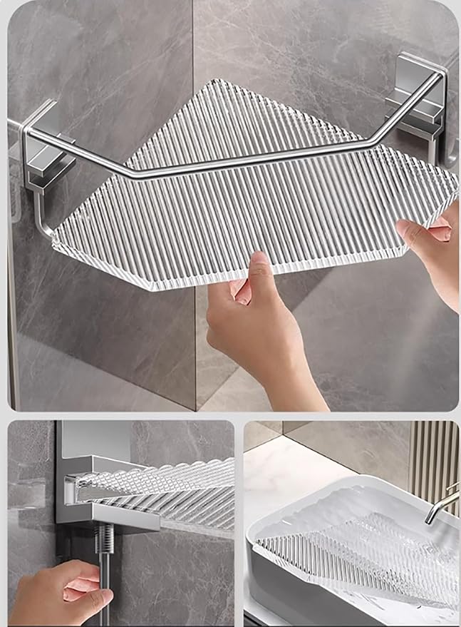 EVERZONE 2 Pack Acrylic Corner Shower Shelves with 2 Hooks, Shower Corner Caddy for Bathroom,Kitchen & Balcony, Floating Shower Wall Shelf Bath Basket Rack Heavy Duty (Grey,Acrylic)