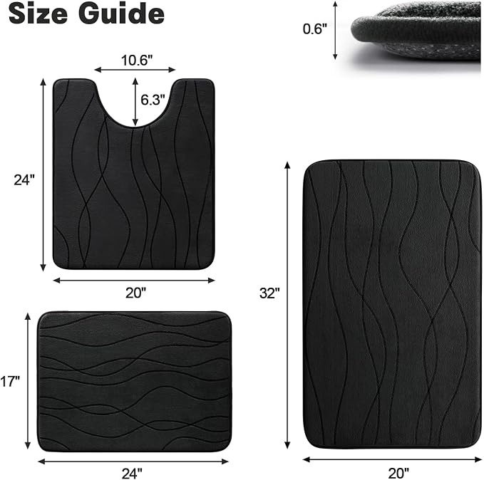 YIHOUSE Memory Foam Bathroom Rug Sets, Black, 3 Piece | Ultra Soft, Absorbent, Non-Slip, Machine Washable