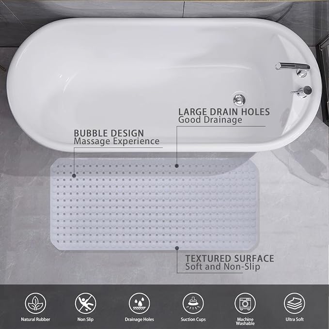 Non-Slip Bath Mat for Tub - Extra Large TPR Bathtub Mat with Suction Cups, Quick-Dry & Easy Clean, Family-Friendly Design (Gray, 36x17 Inch)
