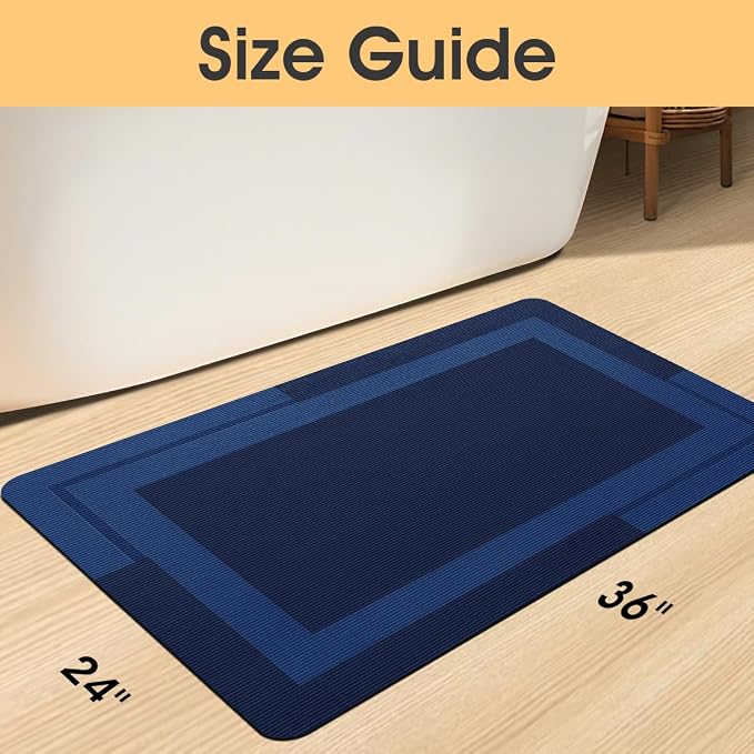ACCUMTEK Non Slip Bath Mat, Thin Bathroom Rugs Fit Under Door, Quick Dry Bath Mats, Machine Washable Bath Rugs for Bathroom, Bathtub & Kitchen, Bathtub, Dark Blue/Bordered/36 x24