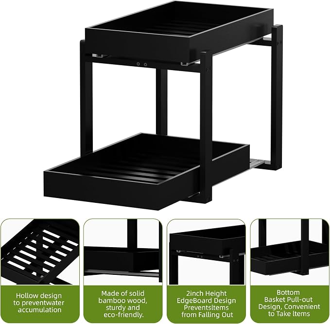 APRTAT 2 Pack Under Sink Organizer, Bamboo Wooden 2-Tier Pull-Out Storage with Sliding Drawers for Kitchen and Bathroom Cabinets, Easy Installation (Black, 2 Packs)