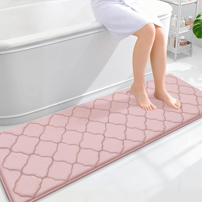 OLANLY Memory Foam Bath Mat Rug 59x20, Ultra Soft and Absorbent Bathroom Rugs, Non-Slip, Comfortable, Machine Washable Bath Carpet for Bathroom Floor, Tub, Shower and Home Decor Accessories, Pink