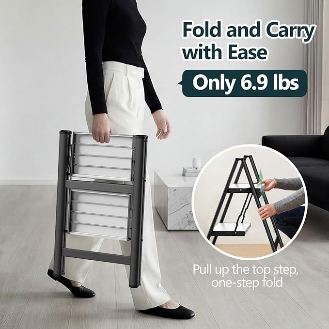 WOA WOA 2 Step Ladder, Folding Step Stool with Wide Non-Slip Aluminum Pedals, Stable and Portable, 330 lbs Capacity, for Home, Kitchen, Office - Black & White