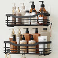 Orimade Shower Caddy Basket Shelf Storage Rack, No Drilling Wall Mounted Adhesive Rust Resistant Stainless Steel Shower Organizer with 5 Hooks for Bathroom, Black 2 Pack