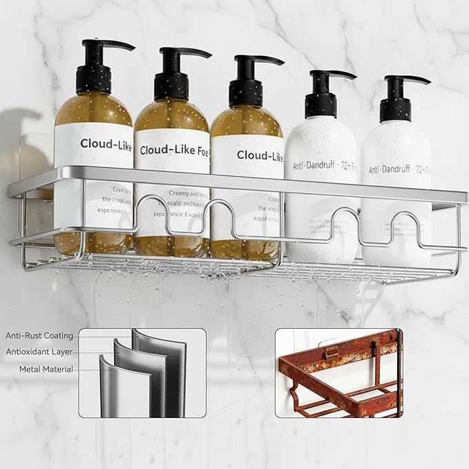 Adhesive Shower Caddy, Large Capacity Shower Racks for Inside Shower, No Drill Bathroom Shower Organizer and Storage, 2 Pack Silver Bathroom Shelves, Home Decor Rv Accessories, Apartment