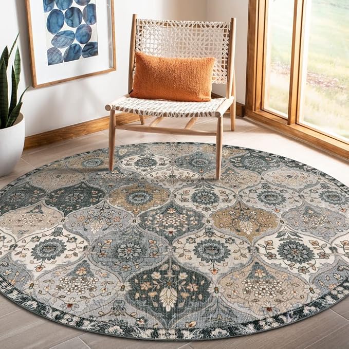 Lahome Moroccan Washable Round Rug 5ft, Soft Vintage Circle Rug for Dining Room Office Bedroom Bathroom Entryway, Distress Non Slip Low Pile Stain Resistant Accent Rug Elise, Grey