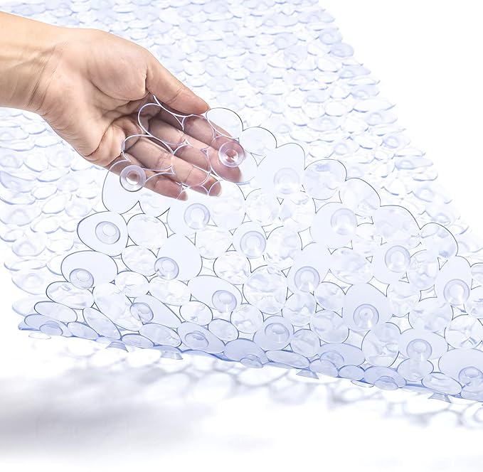 TEESHLY Bath Tub and Shower Mats, Non-Slip Pebble 35 x 16 Inches Machine Washable Bathtub Mat with Drain Holes, Suction Cups for Bathroom (Clear)