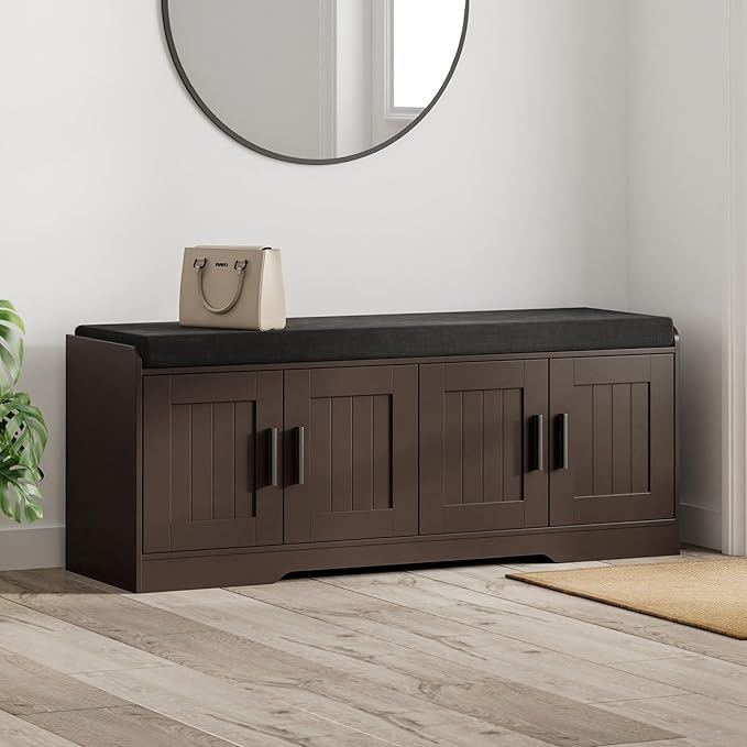 Homleke 2-Tier Storage Bench, Shoe Bench with Thickened Padded Seat Cushion, Entryway Bench with 4 Doors, Adjustable Shelf, 13.8" D x 45.3" W x 18.5" H, for Entryway, Living Room, Bedroom, Brown
