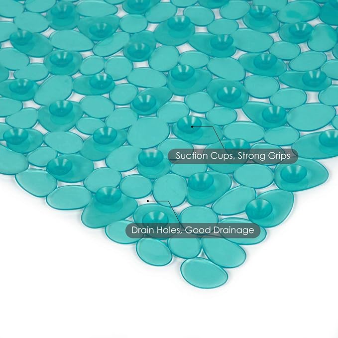 WELTRXE Non Slip Bath Mat Pebbles Bathtub Mat with Suction Cups, Drain Holes for Bathroom Showers, Tub, 35 x 16 Inches Machine Washable Bathroom Mats BPA, Latex Free Safe Shower Mats - Teal