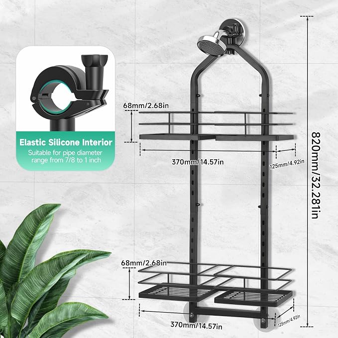 Shower Caddy Hanging for Handheld Showerheads Adjustable Hagging Shower Caddy, Stainless Steel Hose Hanging Shower Organizer 4 Levels Height Shower Rack（black