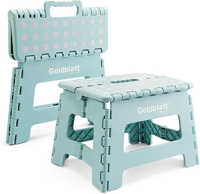 Goldblatt 8.5" Folding Step Stool for Adults and Kids, Lightweight Heavy-Duty Plastic Portable Foldable Stool with Non-Slip Top and Anti-Skid Feet, 300 lbs Capacity, Kitchen & Bathroom, Blue-Green