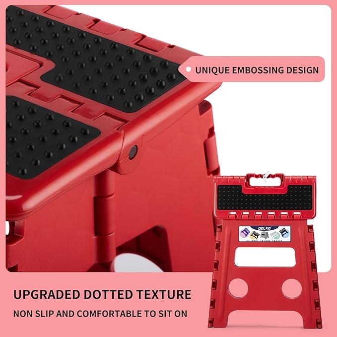 Delxo Folding Step Stool, 13 inch Non-Slip Foldable Stools Up to 300 LBS, Step Stool with Handle, Lightweight for Kitchen, Bathroom, Bedroom, Garden, Dotted Texture, Red,1PC