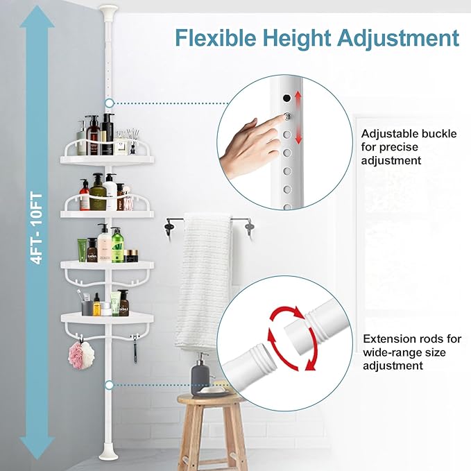 Corner Shower Caddy Tension Pole, Rustproof Bathtub Storage Organizer with 4 Adjustable Shelves, Bathroom Shower Rack Shampoo Holders for Inside Shower, 40"-120" Floor to Ceiling Shower Caddy White
