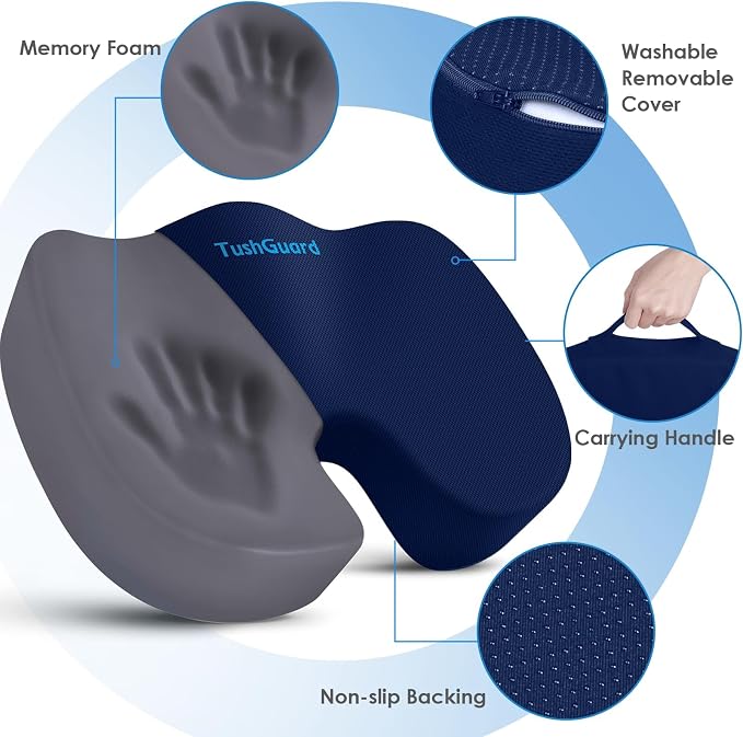 TushGuard Seat Cushion for Office Chair Memory Foam Non-Slip Desk Seat Cushion Back, Coccyx, Sciatica, Tailbone Pain Relief Butt Pillow for Office Chair, Car, Wheelchair, Blue