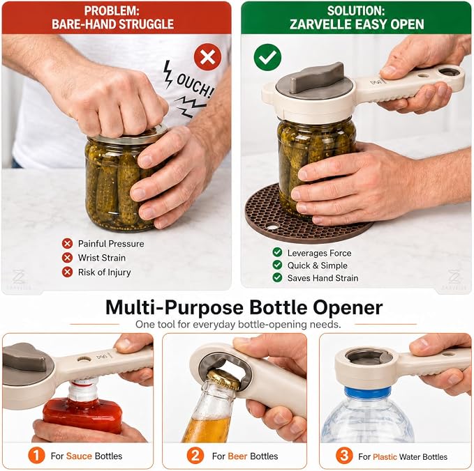 Jar Opener for Seniors with Arthritis, Easy Grip Adjustable Lid & Bottle Opener Set with Non-Slip Silicone Pad & Stainless Steel Hook, Beige