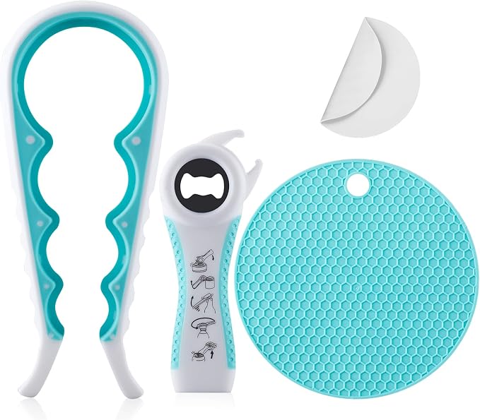 Jar Bottle Opener for Weak Hands,4 &5 in 1 Multi Function Non-Slip Can Lid Opener Tools with Silicone Jar Gripper Pad,Suitable for Seniors,Children and Arthritic Hands (Lake Green)