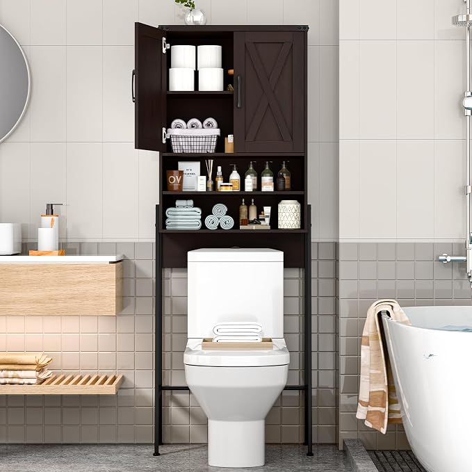 Vabches Over The Toilet Storage Cabinet, Farmhouse Over Toilet Storage Cabinet, Metal Frame with Barn Doors, Home Space-Saving Toilet Rack for Bathroom, Toilet, Laundry Room