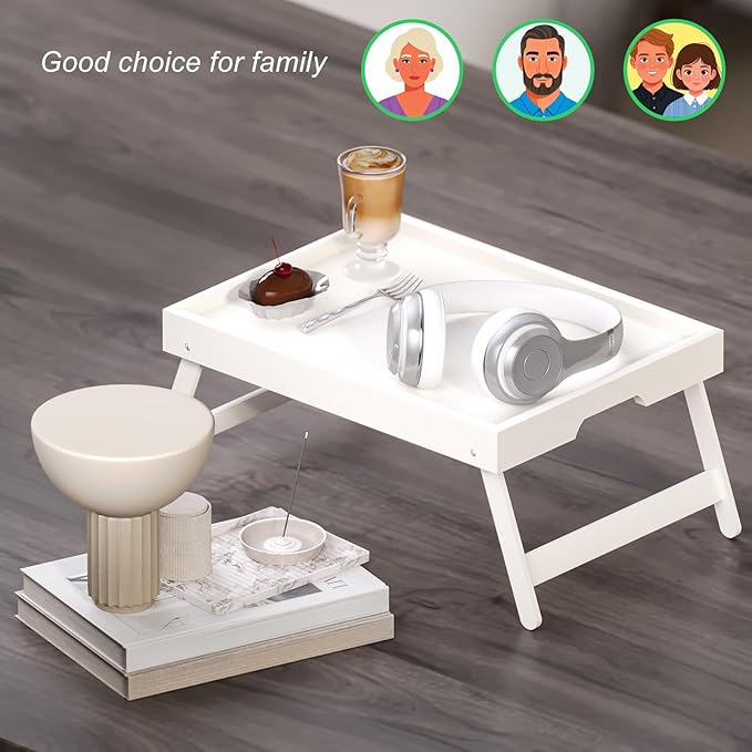 Fibogollo 4 Pack Bamboo Bed Tray Table with Folding Legs,Breakfast Trays,Serving Tray for Food and Snack,Laptop Trays for Working(White)