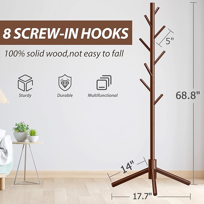 Unisakey Durable Wooden Coat Rack, Freestanding Coat Rack with Stable Triangular Base, 8 Hooks & 3 Adjustable Heights, Simple Assembly for Bedroom, Hallway, Office(New Brown)