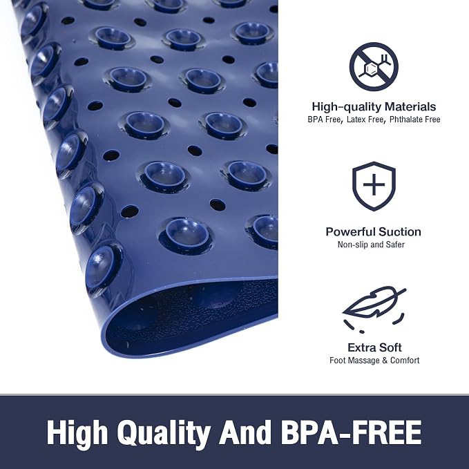 Extra Long Bathtub Mat Non Slip, Navy Blue Soft Bath Mat for Tub 40 x 16 Inch Full Size, Bath Tub Shower Mats for Bathroom Floor, Big Suction Cups and Drain Holes, Easy Washable, BPA Free