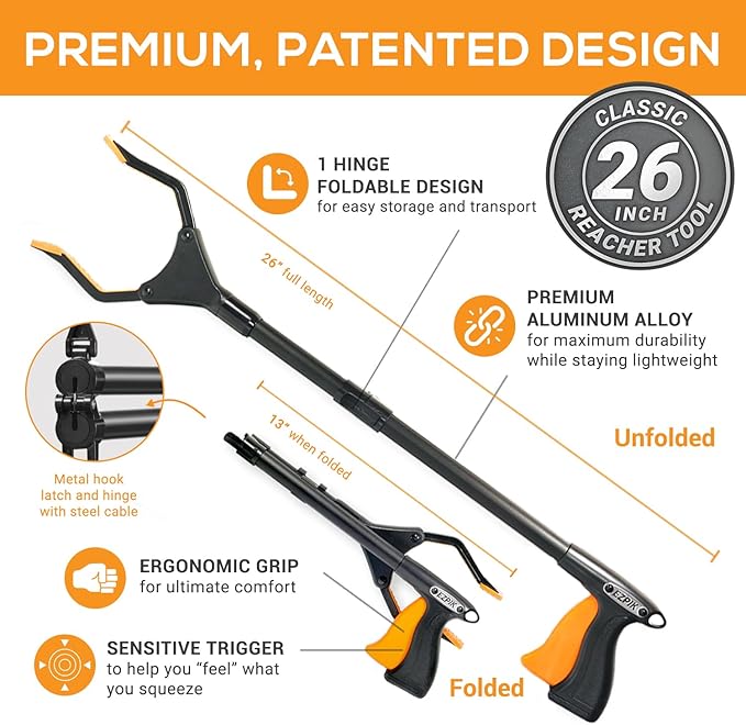 EZPIK Classic 26” Folding Grabber Reacher Tool with Dual Magnets, Heavy Duty Trash Picker Upper Grabber for Seniors & Disabled Users, Aluminum Pickup Tool for Everyday Reaching Aids (Black)