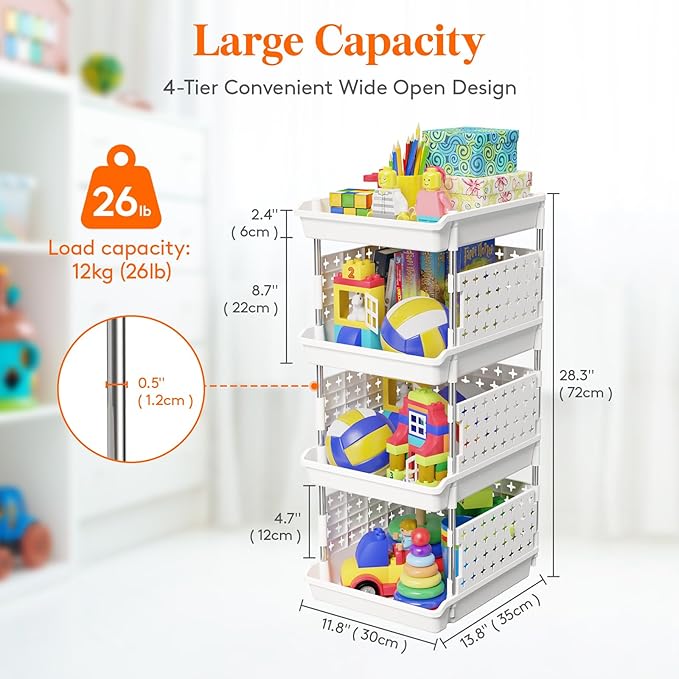 Lifewit Plastic Stackable Storage Baskets, 4 Tier Stacking Bins for Food and Clothes, Multifunctional Organizer for RV, Kitchen, Playroom, Pantry, White, 35 x 30 x 72 cm/14 x 12 x 28 inch, 2 Pack