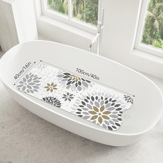 SHUCHING Boho Gray Sunflower Bath Mat for Tub Non Slip-40 X 16Inch, Bathtub Mat Anti Slip, Long Shower Mat for Bathroom Mold Free, Machine Washable