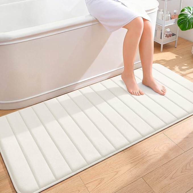 OLANLY Memory Foam Long Bathroom Rugs Runner 59x24, Super Soft Absorbent Bath Mat, Quick Dry, Machine Washable Shower Floor Rugs, Bathmat Carpet, Bathroom Home Decor Accessories, Ivory