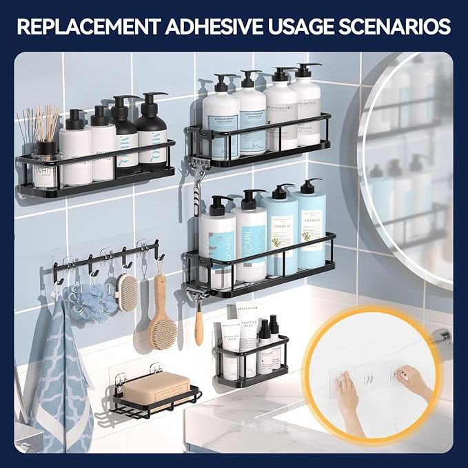 YASONIC 14-Pack Shower Caddy Adhesive Replacement - Transparent Shower Adhesive Strips, No Drilling Hooks for Bath Storage Shelves, Kitchen Racks, Basket & Soap Holder