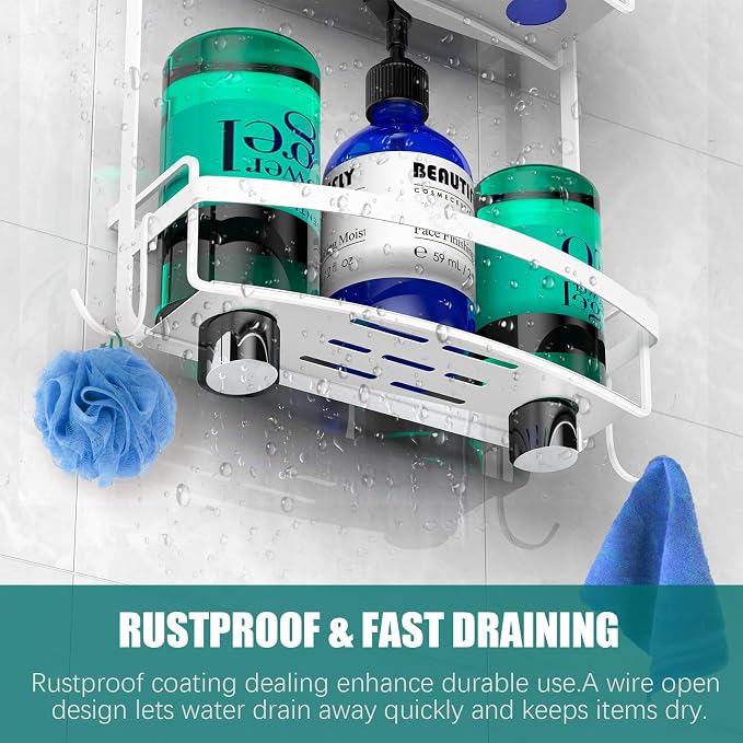 Meangood Shower Caddy Over Shower Head, White Anti-Swing Hanging Shower Caddy with 4 Remove Hooks for Razor, Sponge, Towels Rustproof Shower Organizer for Bathroom