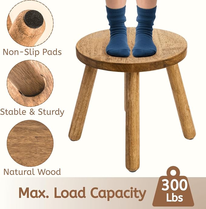 Youeon 12 Inch Round Solid Wooden Step Stool, Non-Slip One Step Stool for Adults, Holds up to 300 Lbs, Portable & Sturdy, Footstool for Bedroom, Bathroom, Kitchen, Easy to Assemble