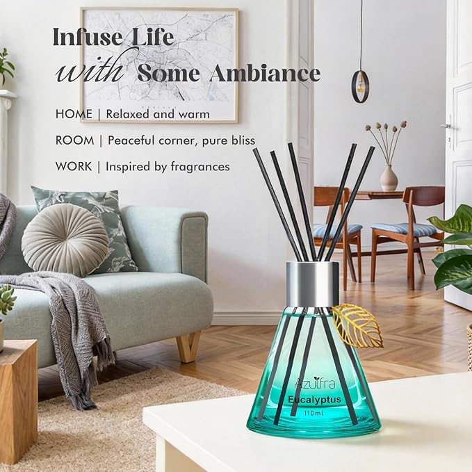 Azulfra Reed Diffuser Set, Eucalyptus Scented Diffuser for Home, Home Fragrance Scent Essential Oil Stick Diffuser for Room Shelf Decor, 3.4 oz