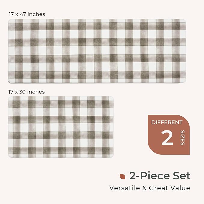 FRESHMINT Modern Farmhouse Plaid 2 Piece Set Kitchen Mats for Floor Anti Fatigue Waterproof & Non-Skid Kitchen Rugs Cushioned Kitchen Mat for Standing Washable Comfort Desk Kitchen Runners