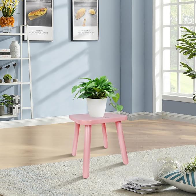 BEE&OAK 11 Inch Wooden Step Stools for Adults, Solid Rubber Wood Non-Slip Step Foot Stool, Heavy Duty 300 lbs One Step Stool for Bedroom, Bathroom, Kitchen,Outdoor (Pink)