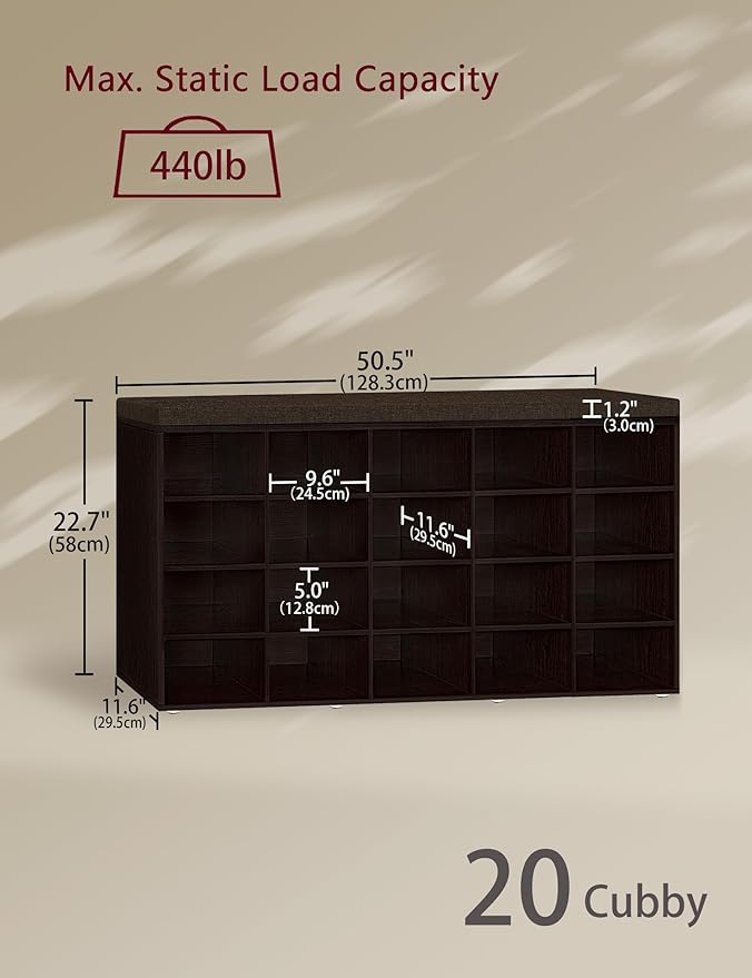 DINZI LVJ Shoe Storage Bench, 20-Cubby Shoe Rack Bench with Cushion, Fully Adjustable Shelves, Shoe Organizer for Closet, Entryway, Mudroom, Hallway and Garage, Espresso