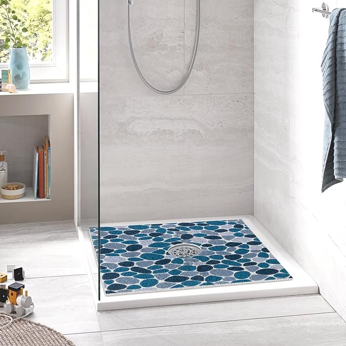 Square Shower Mat Non Slip: 24 x 24 Inch Shower Mats with Drain Hole in Middle - PVC Loofah Anti Slip Shower Floor Matt for Inside Shower