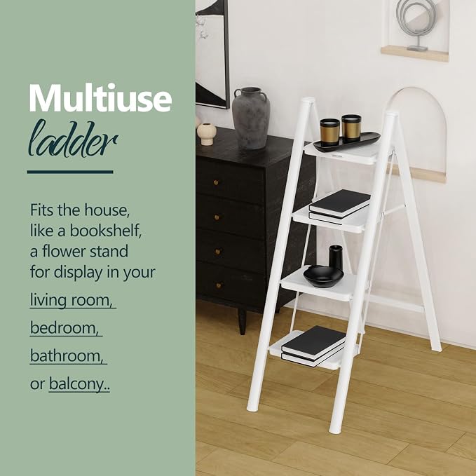 WOA WOA Step Ladder for Home, Foldable Step Stool for Kitchen with Non-Slip Pedals, Sturdy Ladders Supports up to 330 lbs, Compact and Portable - 4 Step/White