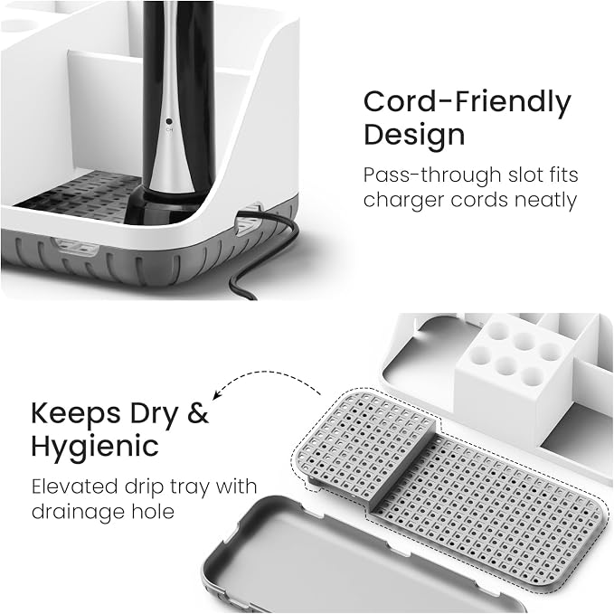 Boperzi Electric Toothbrush Holders with Cord Slots: Detachable Toothbrush and Toothpaste Holders, Large Tooth Brush Storage Caddy Set Drainage, Anti-Slip Bathroom Counter Organizer for Family, Kids