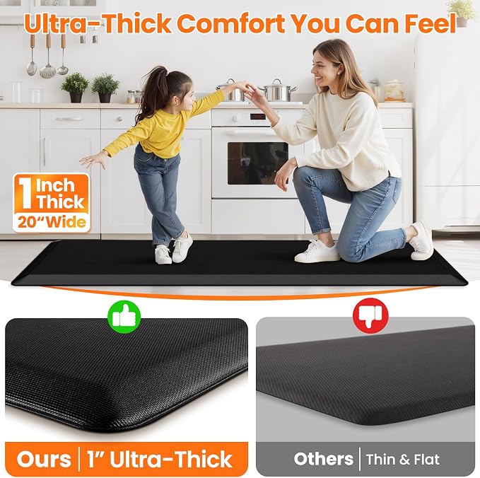 Kitchen Mats for Floor, 1 Inch Extra-Thick Kitchen Rugs, Non-Slip & Waterproof Standing Desk Mat, Comfort Anti Fatigue Mats for Kitchen Floor, Home, Sink, Office (20" X 72", Black)