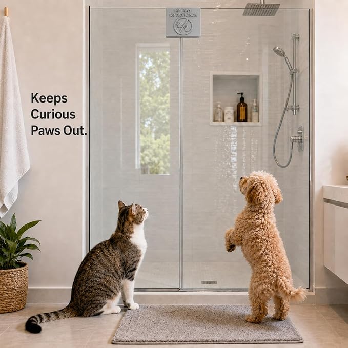Frameless Glass Shower Door Lock Sleeve - Baby Proofing & Pet Stopper for Bathroom Sliding Doors - No-Drill Security Bumper,Funny Sign – (Silver, 3/8 inch)
