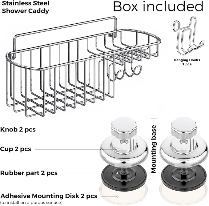 HASKO Shower Caddy Suction Cup, Shower Shelf with Soap Dish and Hooks Organizer, Suction Bathroom Shelf for Storage, Wall Mounted Basket (Polished Stainless Steel SS304)